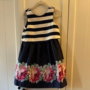 Janie and Jack Navy Striped Dress with Floral Accents